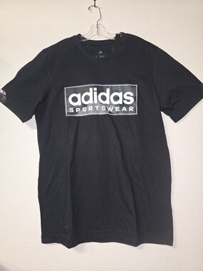adidas Black T-Shirt with White Sportswear Logo..